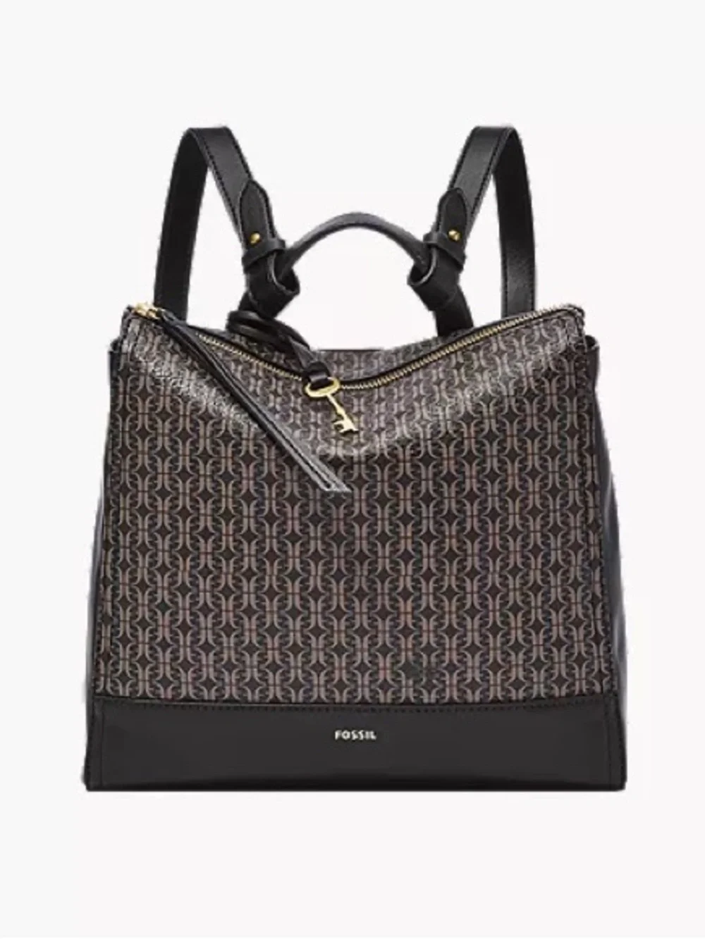 Fossil Elina Black and Brown Monogram Convertible Backpack Tote